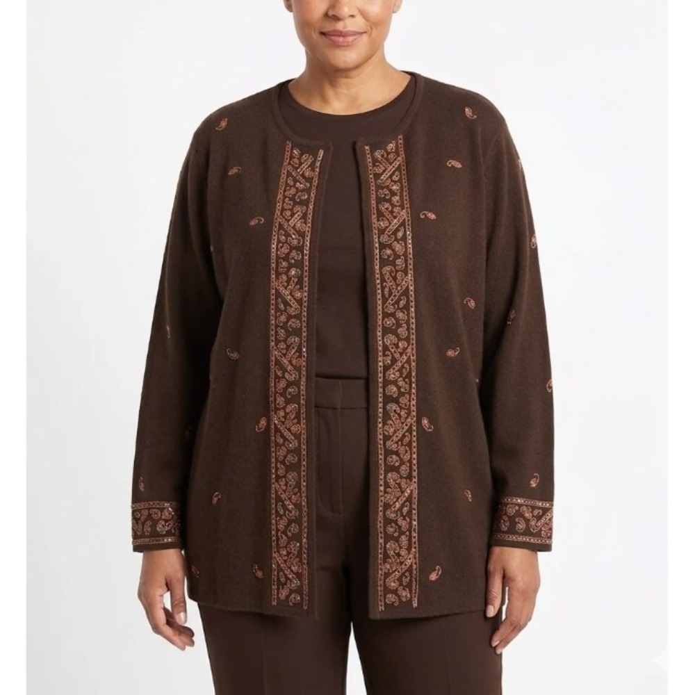 New Lane Bryant‎ Brown Embroidered Boho Stretch Knit Cardigan size 22/24